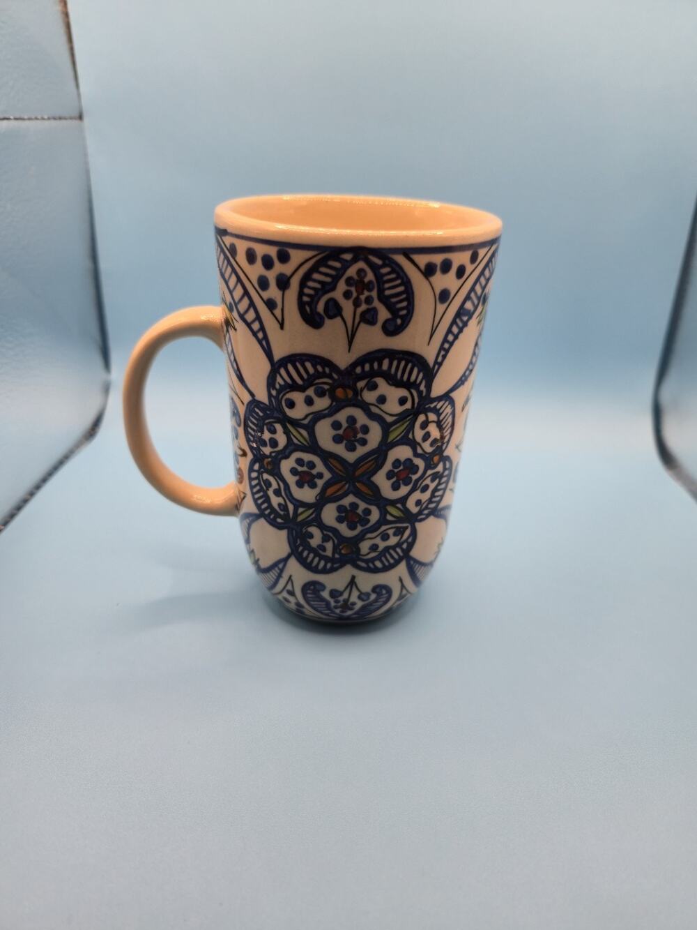 World Market Tunis White Blue Hand Painted Ceramic Mug Medallion Design